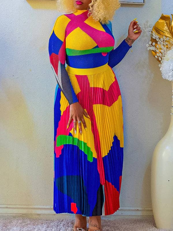 Plus Size Two-Piece Set - Printed Mock Neck Long Sleeve Top & Pleated Skirt