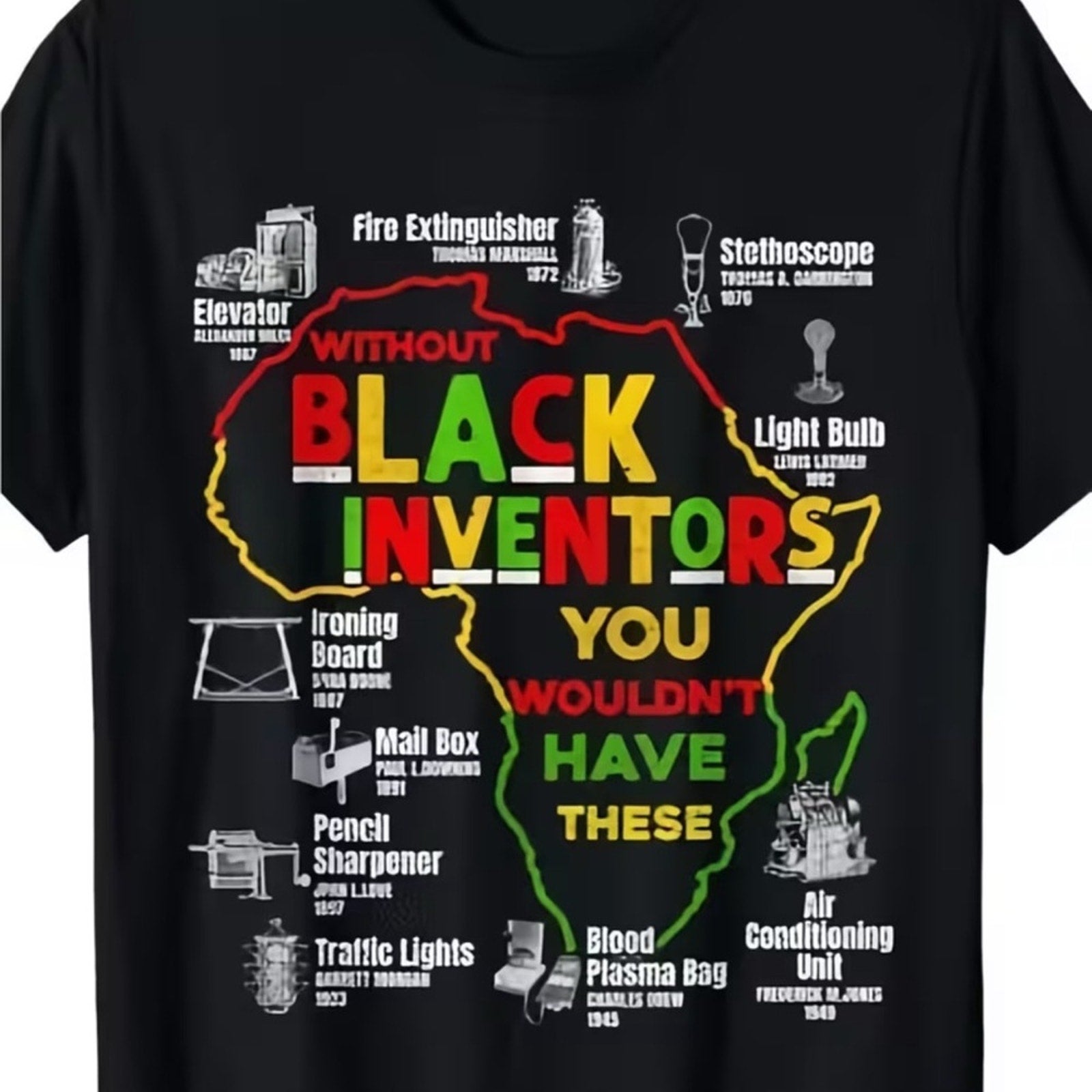 Black t-shirt with a map of Africa featuring inventions and their inventors, on a black background.