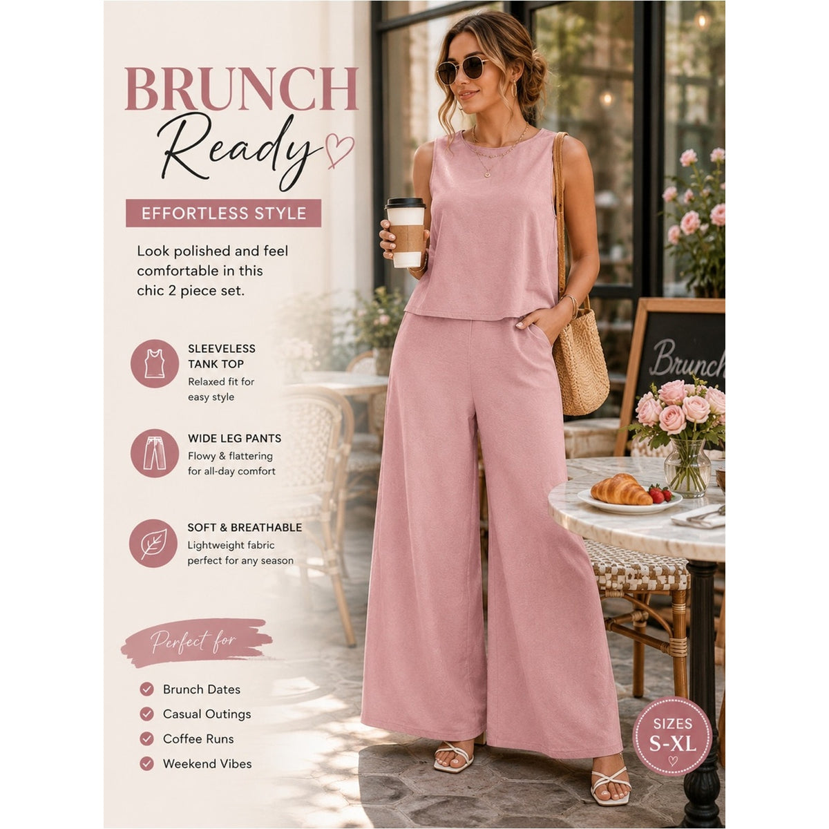 Dusty Rose Sleeveless Wide Leg Pants 2 Piece Matching Set XL