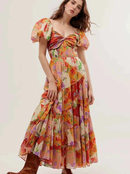 Printed Sweetheart Neck Puff Sleeve Maxi Dress