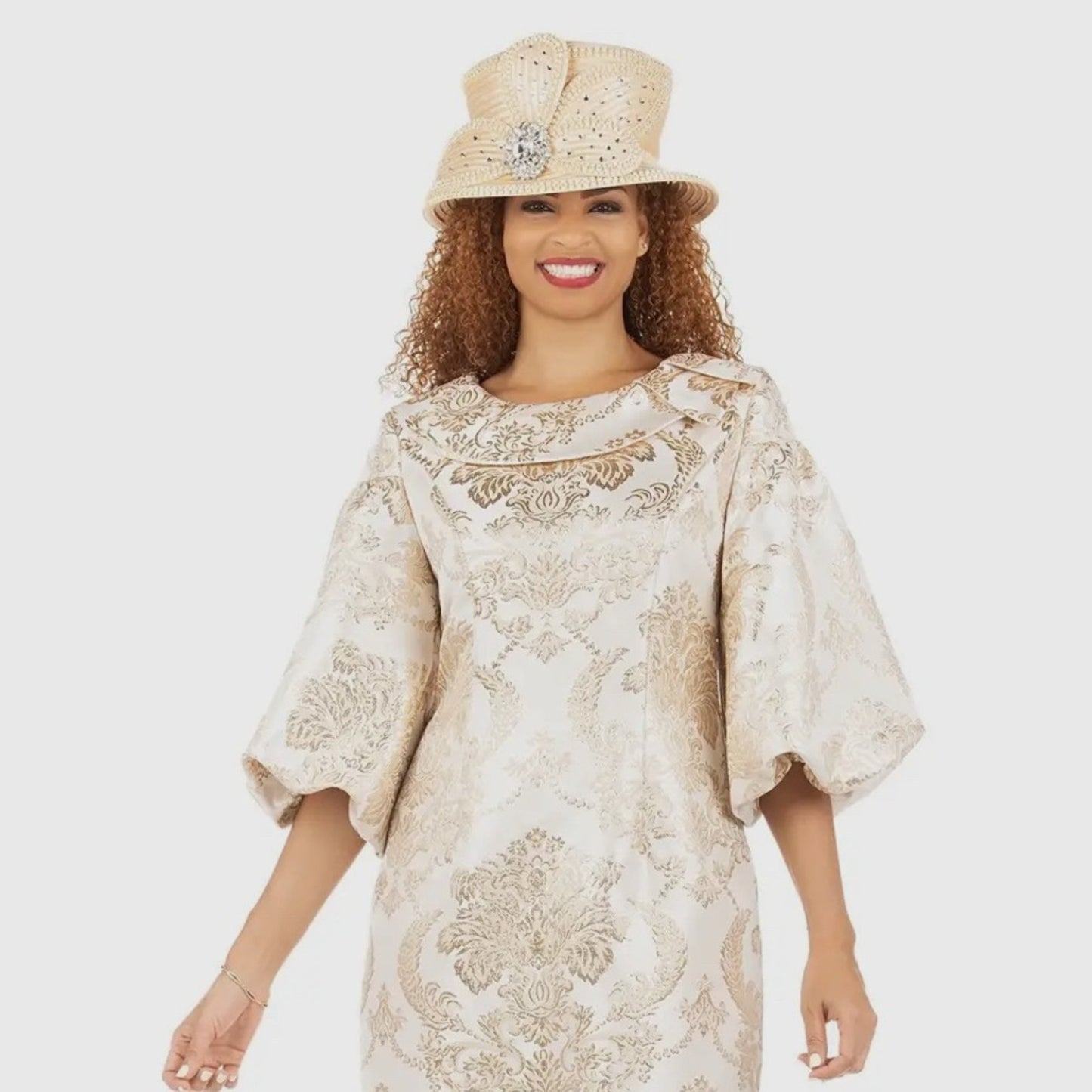 Giovanna Champagne Midi Dress with 3/4 Bishop Sleeves and Bateau Neckline