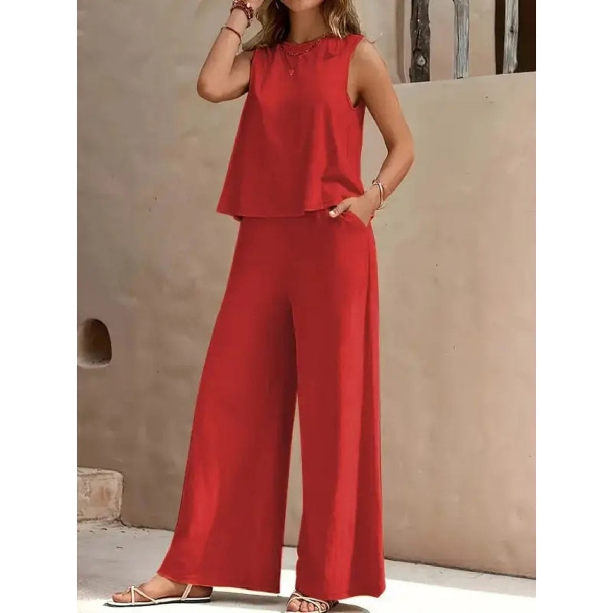 Red Sleeveless Wide Leg Pants 2 Piece Matching Set XL