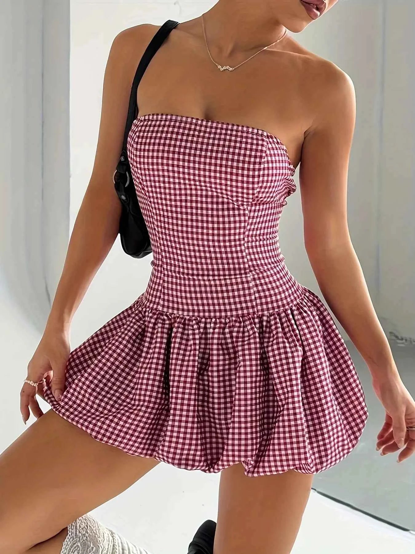 Gingham Tube Bubble Hem Mini Dress