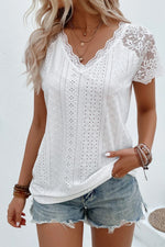 Load image into Gallery viewer, White V Neck Lace Splicing Eyelet Blouse
