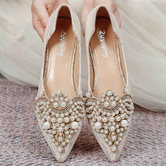 FAUX PEARL DECOR LACE FLAT SHOES FOR WOMEN_CWSHF0010