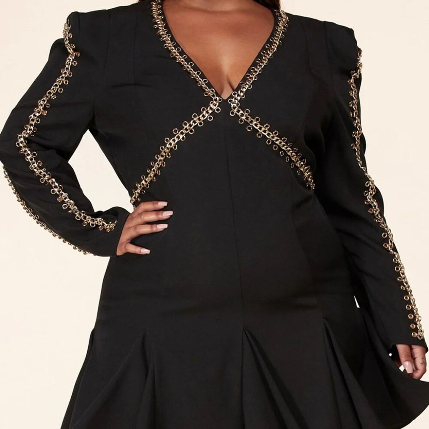 Embellished Sophisticated Black Balloon Dress Adorned with Golden Accents