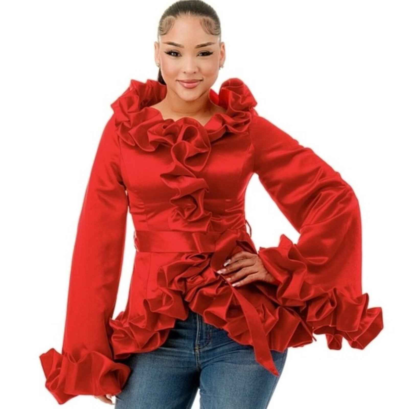 Red Plus Wide Round Neck Ruffle Top