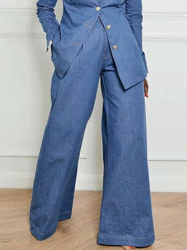 High-Waisted Jeans with Pockets and Lapel Blouse Sets