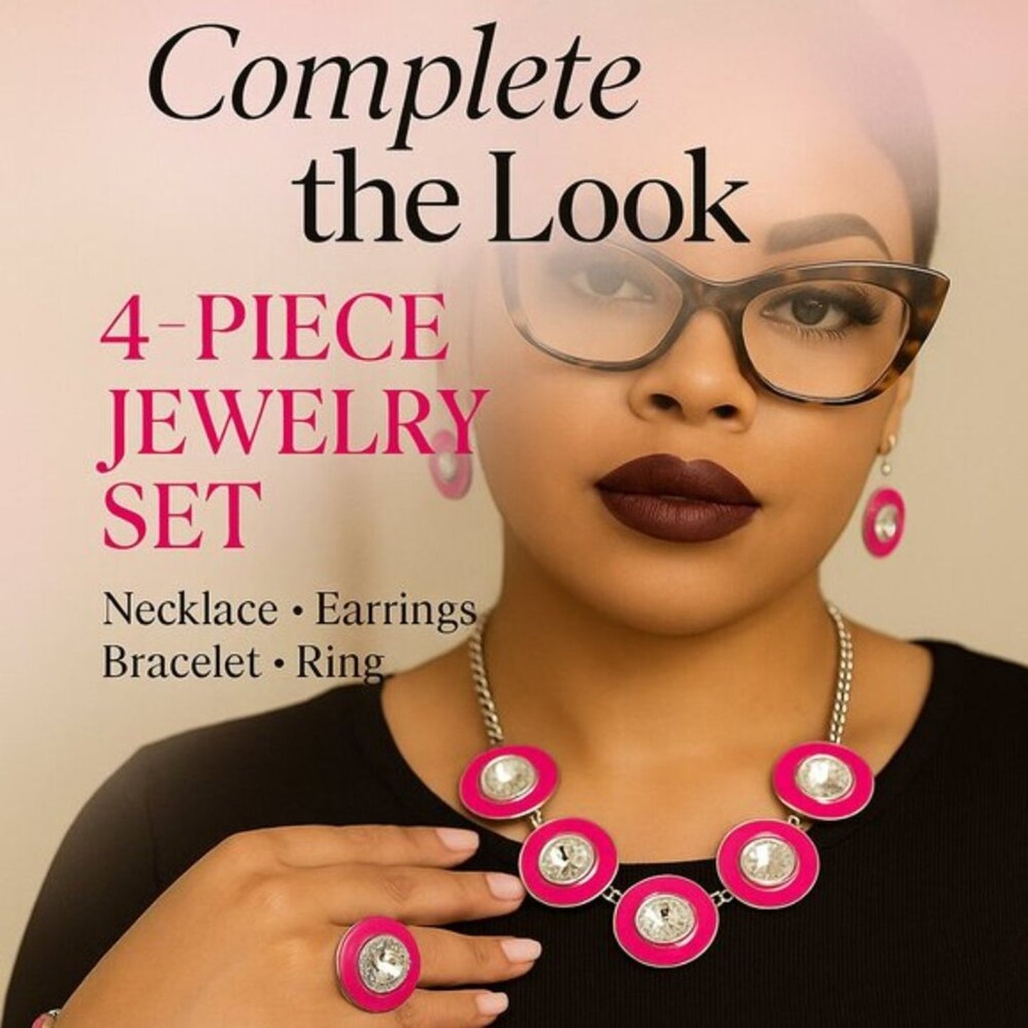 Hot Pink & Silver Rhinestone Jewelry Set – Necklace, Earrings, Bracelet & Ring