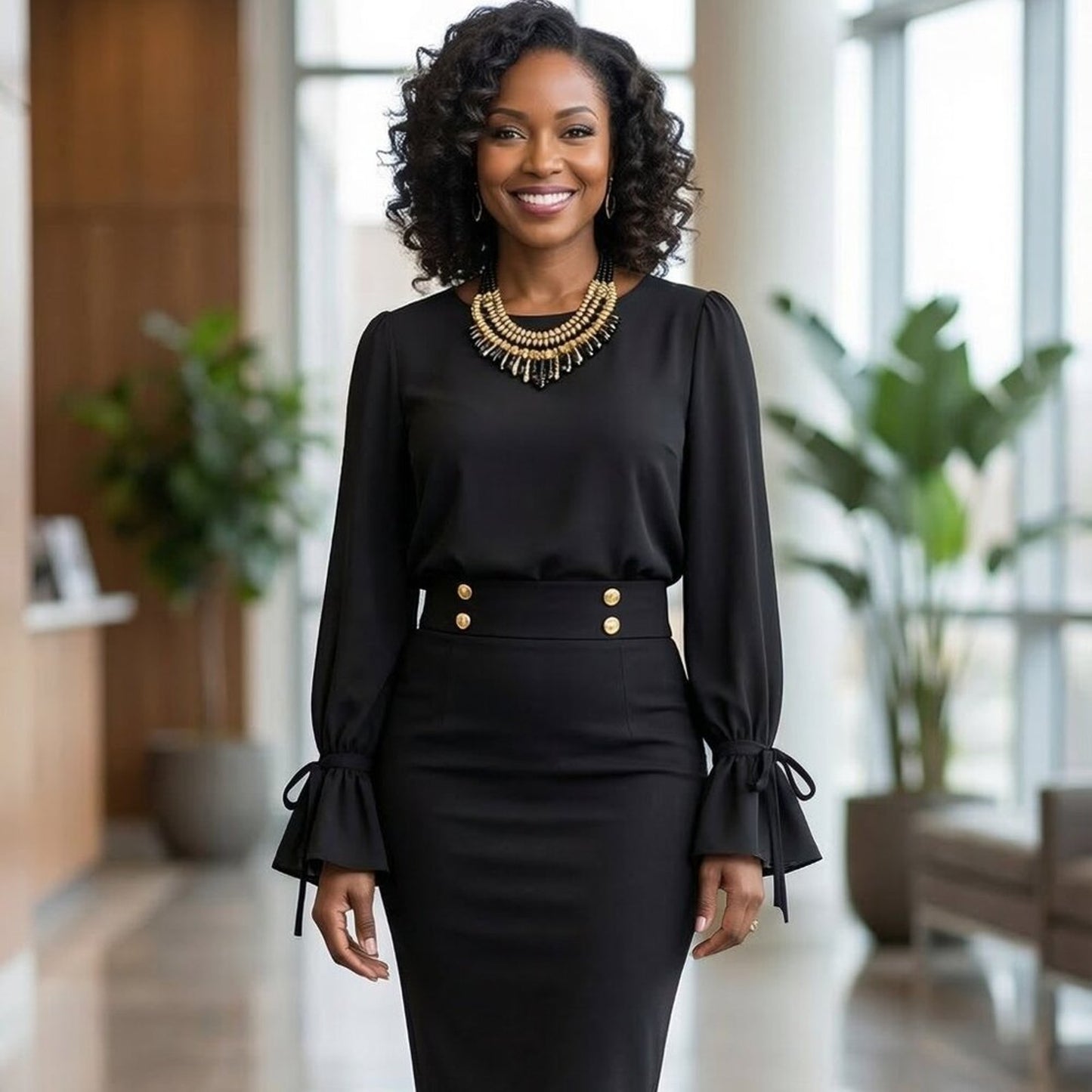 Elegant Black Bell Sleeve Blouse – Ruffle Cuff Tie Sleeve Top |Chic Work, Church