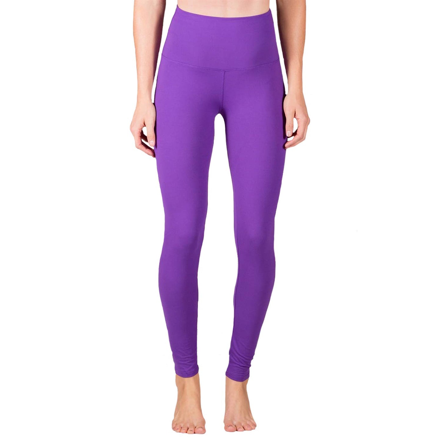 Purple leggings worn by a person on a white background
