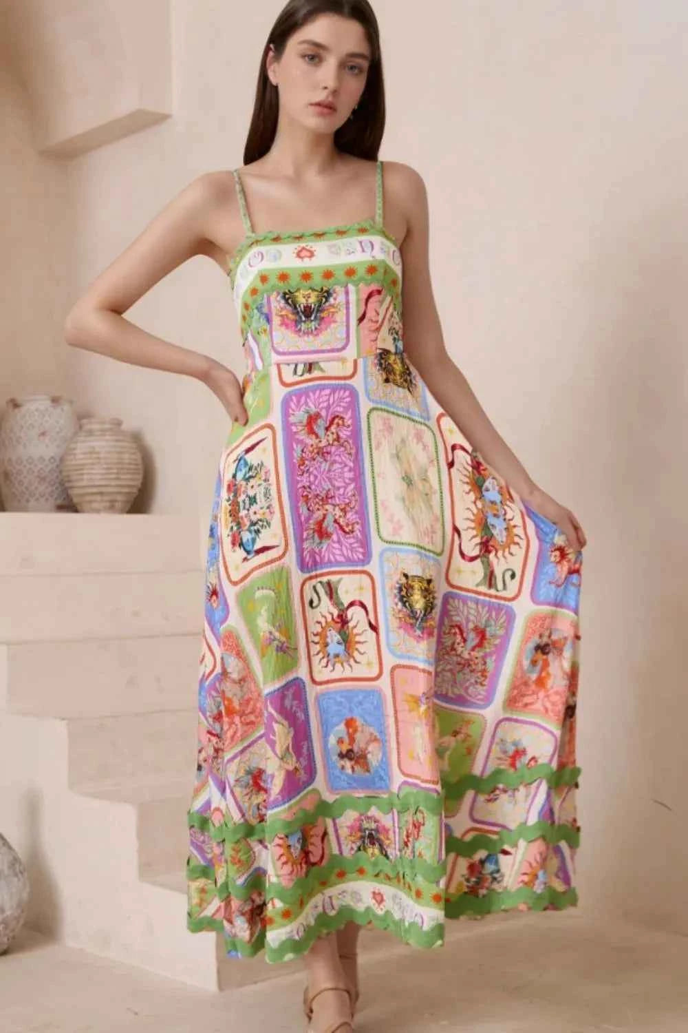 Smocked Printed Square Neck Cami Dress