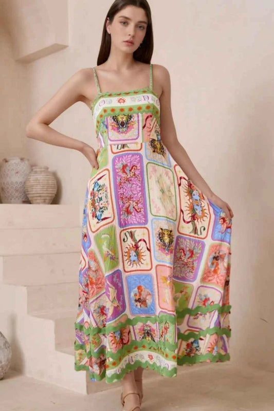 Smocked Printed Square Neck Cami Dress
