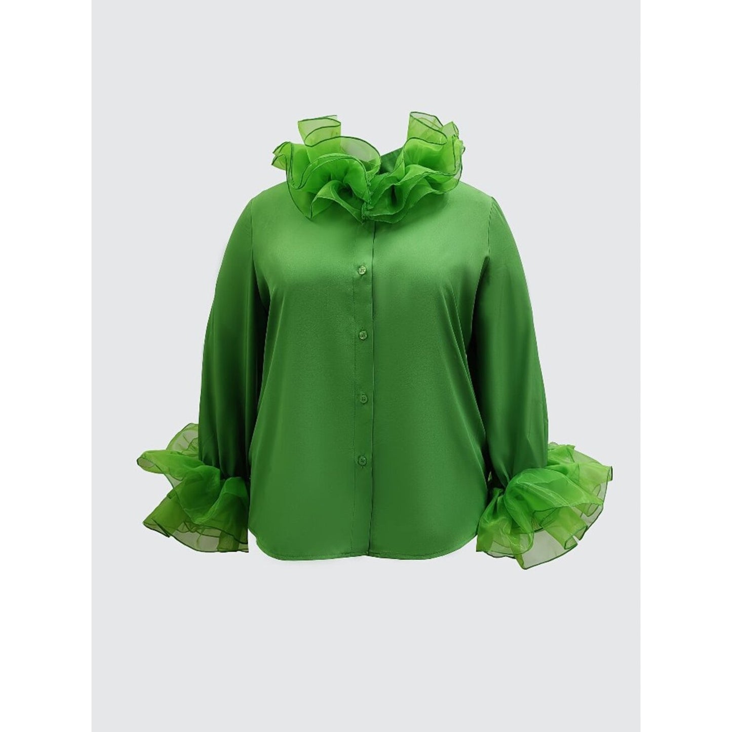 Green blouse with ruffled details on a white background