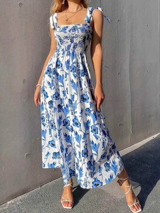 Floral Smocked Midi Dress with Tie Shoulders