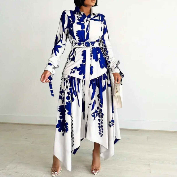 Elegant Blue & White Floral Midi Dress – Belted Button-Up, Long Sleeve,