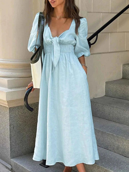 Smocked Puff Sleeve Midi Dress