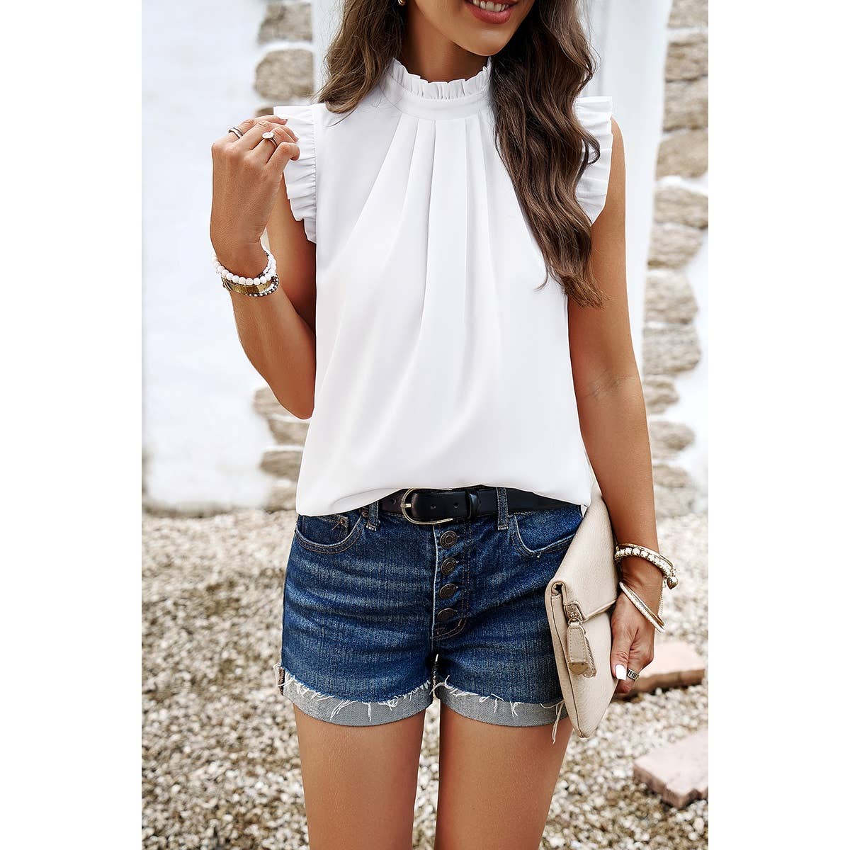 Solid Frill Trim Mock Neck Sleeveless Tunic Blouse