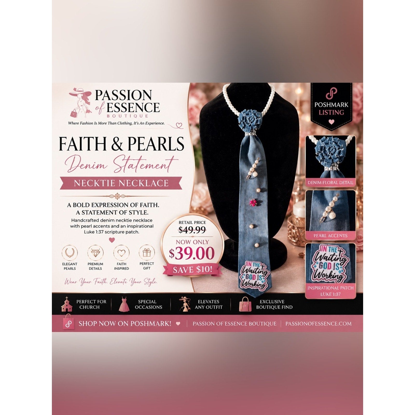Advertisement for 'Faith & Pearls Denim Statement Necklace' with product display and pricing information.