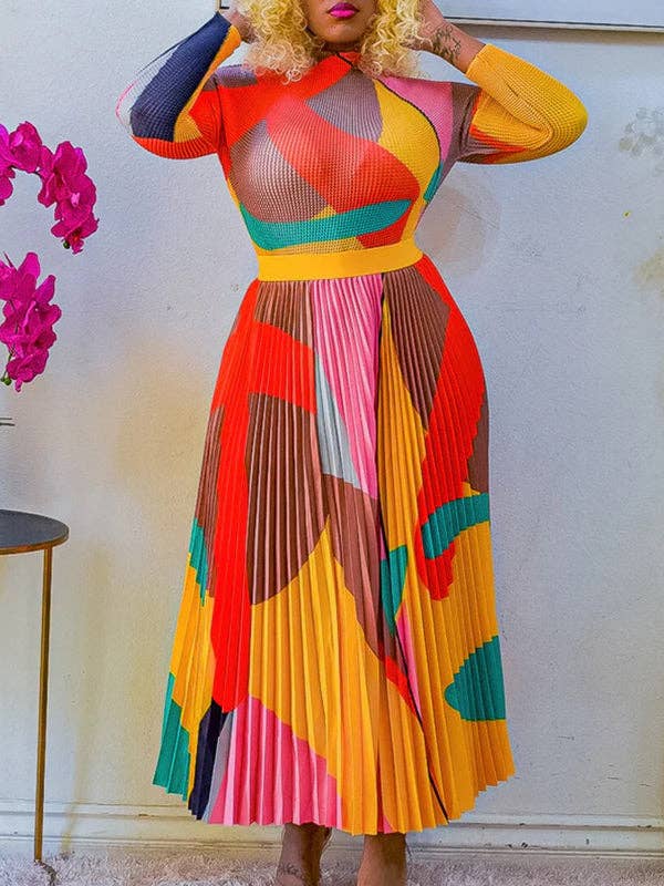 Plus Size Two-Piece Set - Printed Mock Neck Long Sleeve Top & Pleated Skirt