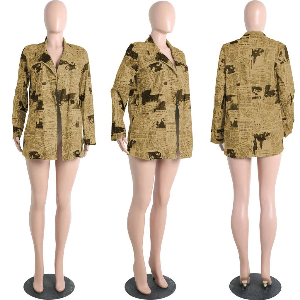 MB FASHION Newspaper Print Long-Sleeve Button-Up Blazer 3175