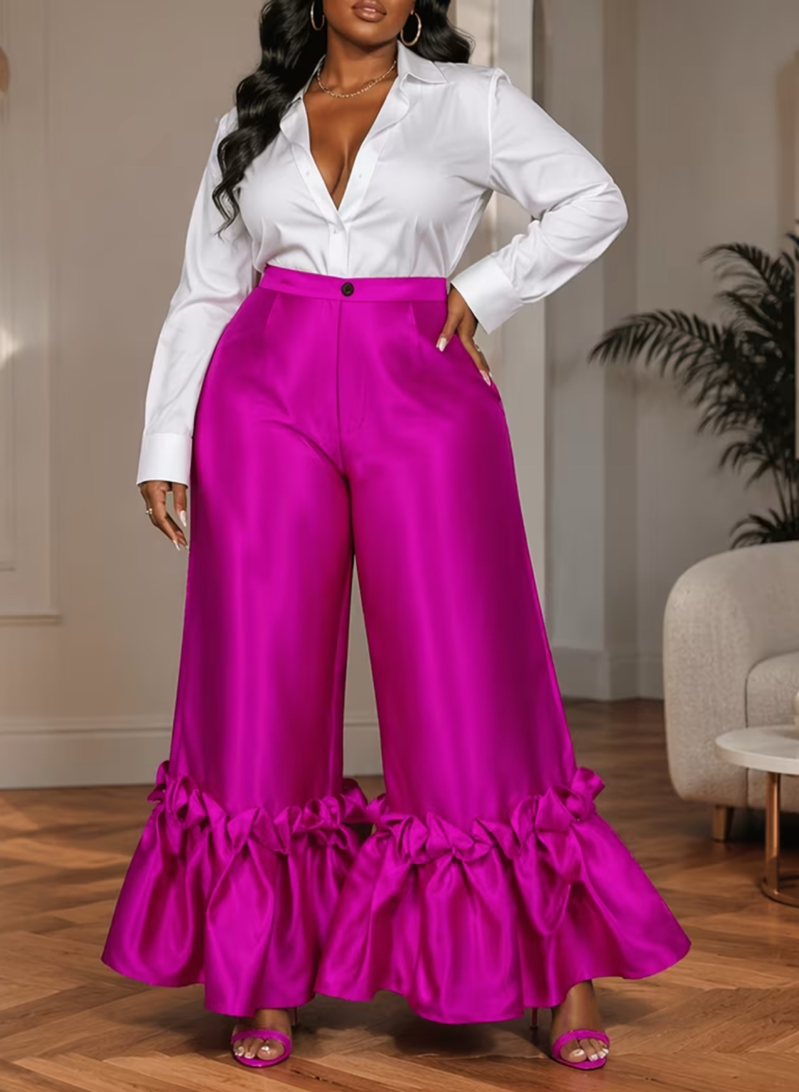 Plus Size Fuchsia High-Waist Wide-Leg Statement Ruffle Pants 1X–3X