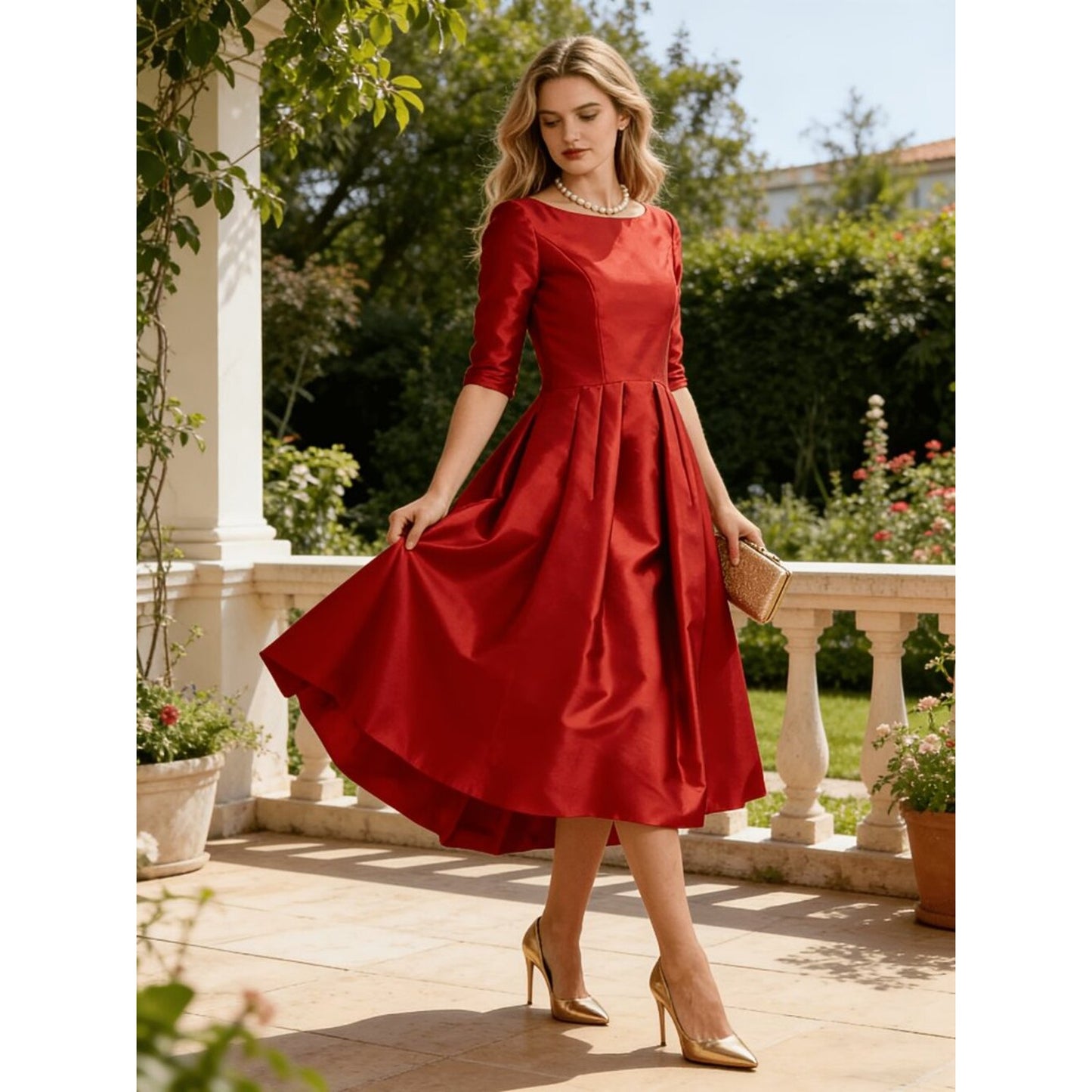 Ruby Elegance Satin Midi Dress