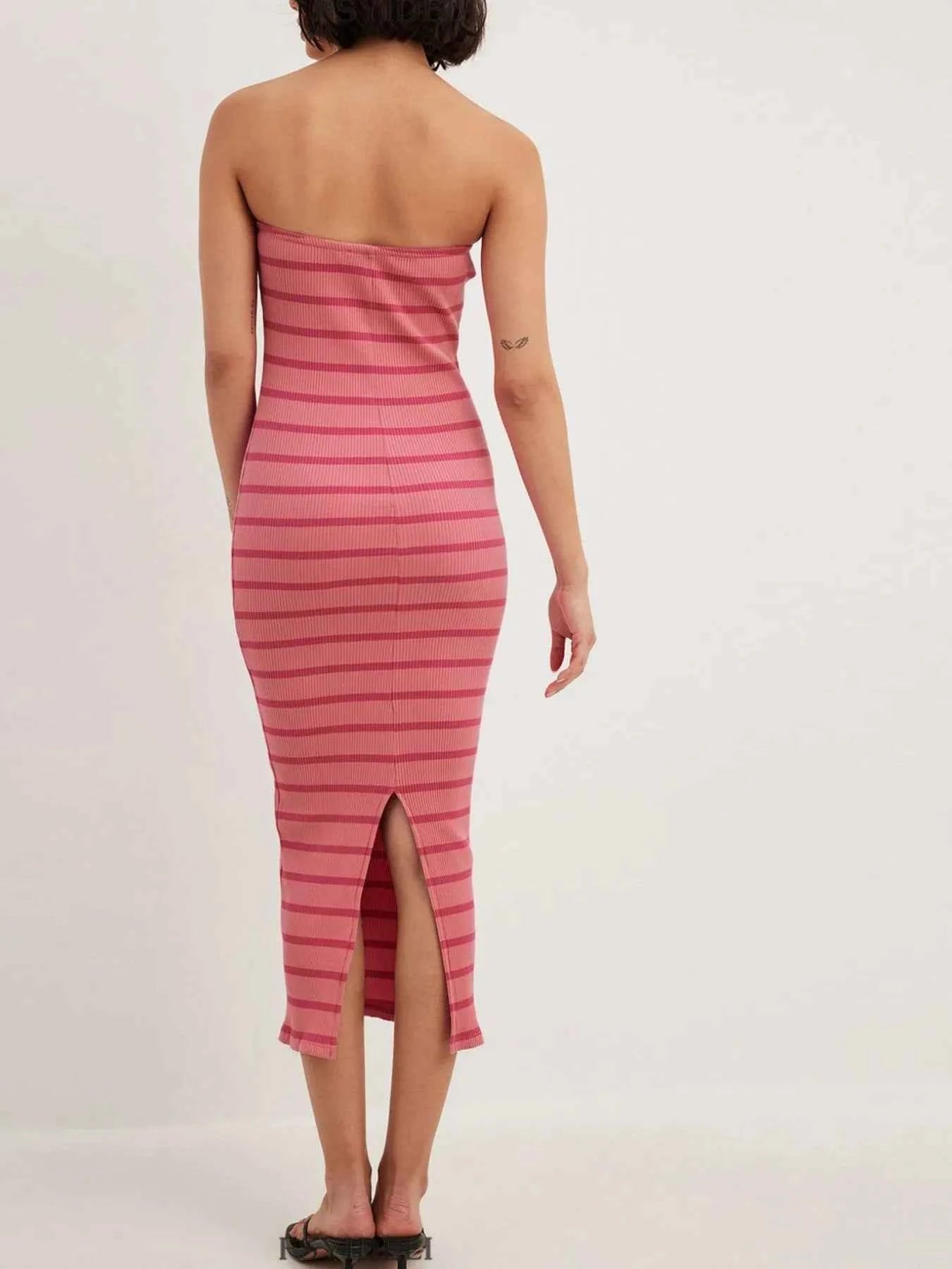 Slit Back Striped Strapless Bodycon Midi Dress