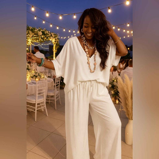 Chic White Lounge Set – Flowy V-Neck Top & Wide-Leg Pants for All White Party