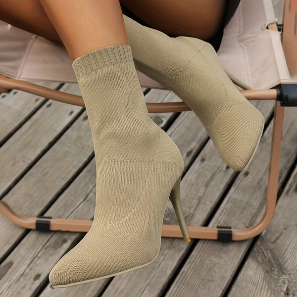 Knitted High Heel Boots - Comfortable Slip-On, Stretchy Fit, Trendy Point Toe