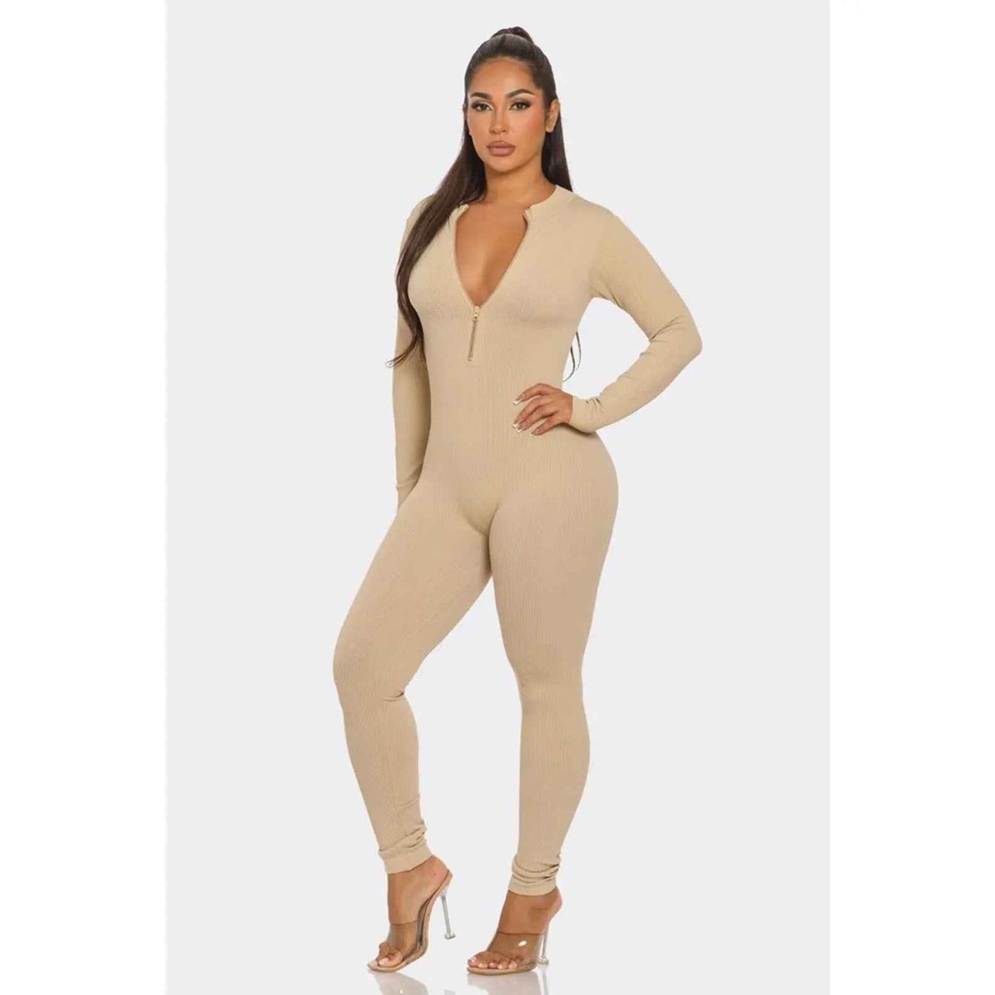 Ribbed Half Zip Long Sleeve Bodycon Jumpsuit