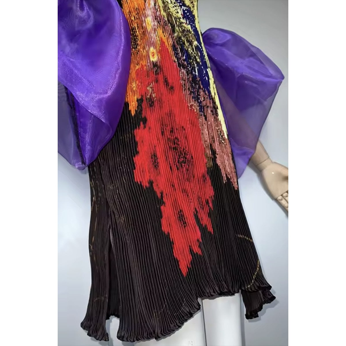 One Size Fits Most Multi-Color Abstract Pleated Balloon Sleeve Dress | Statement Occasion Dress