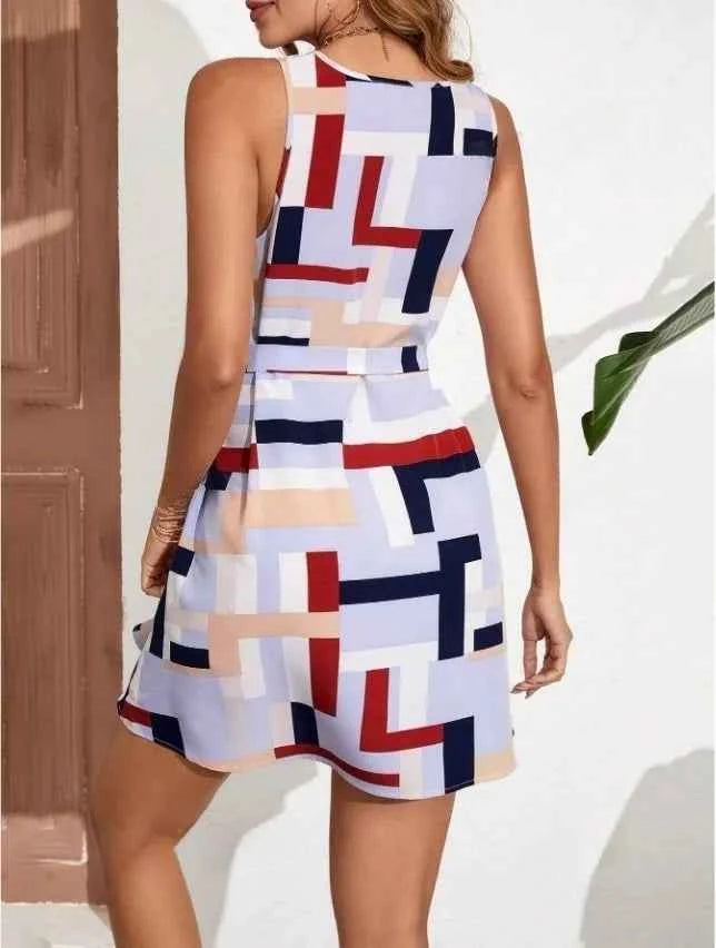 Geometric Print Sleeveless Mini Dress with Belt