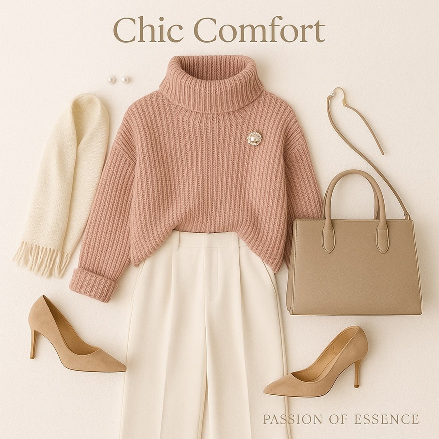 Chic outfit with pink sweater, beige pants, high heels, and handbag on a light background.