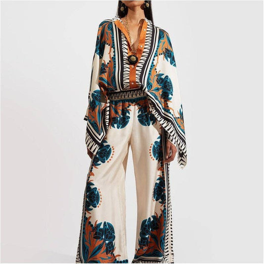 Woman wearing a patterned outfit with a white background