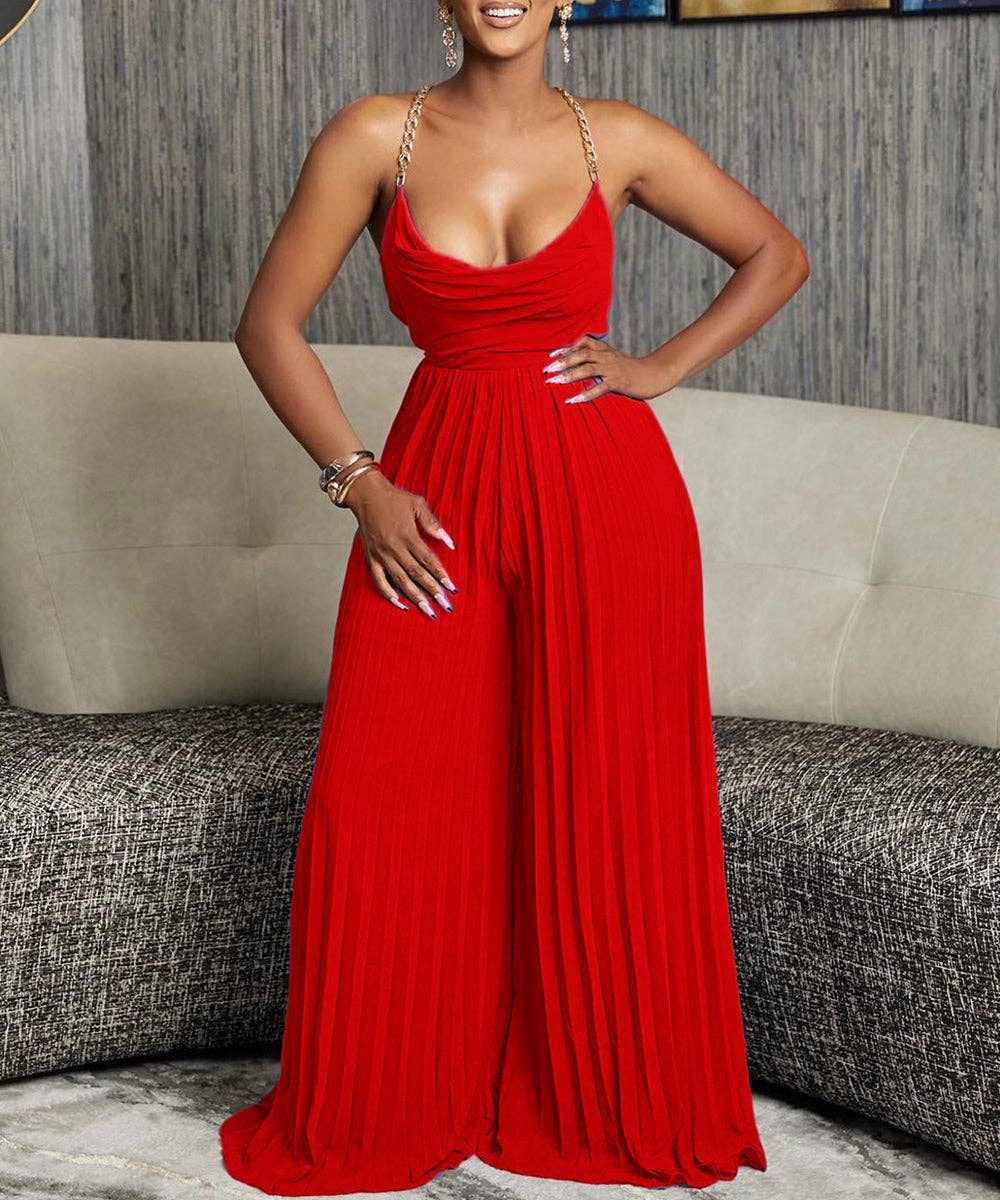Chain Detail Backless Wide-Leg Jumpsuit