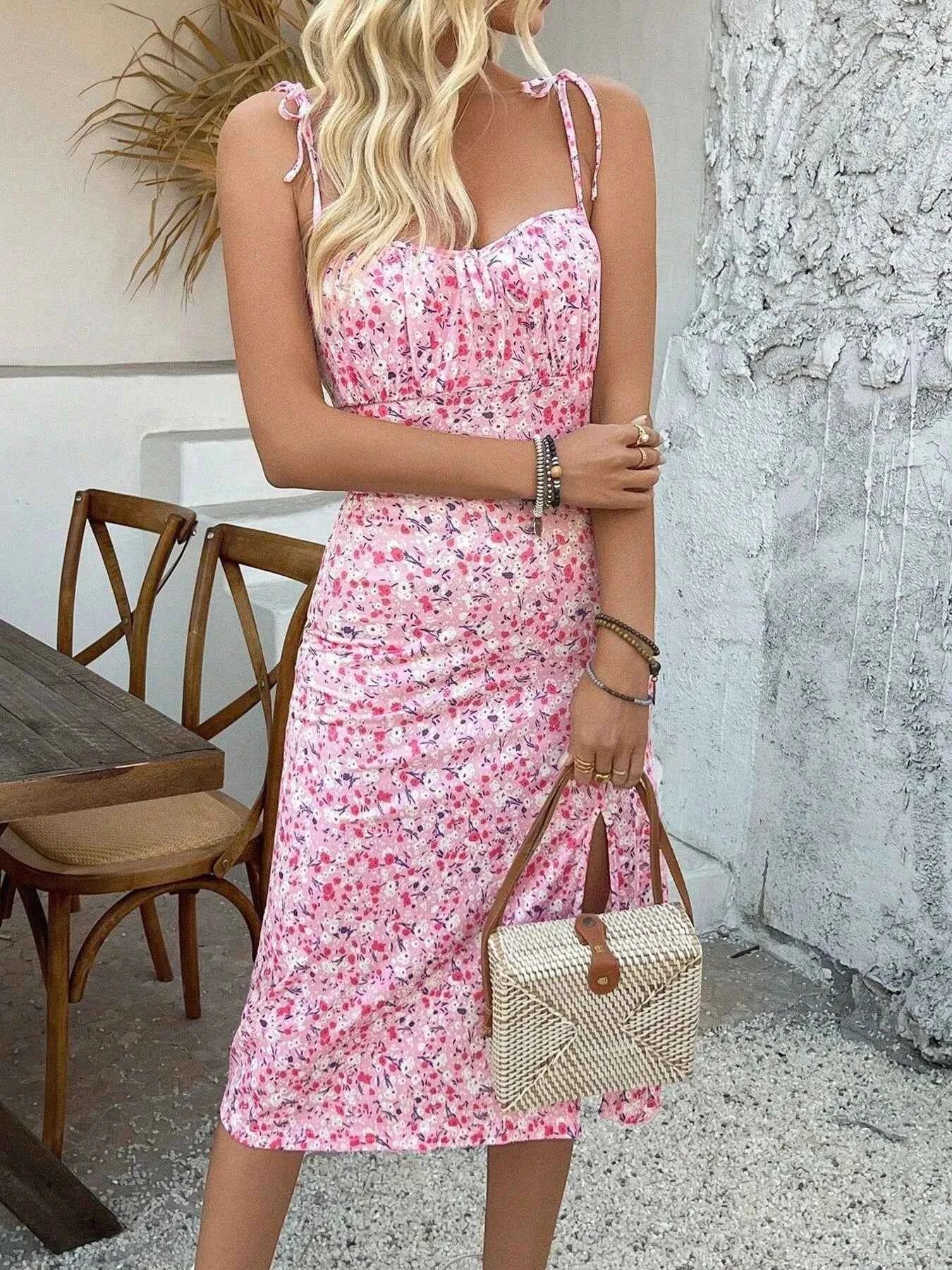 Slit Floral Tie-Shoulder Midi Cami Dress