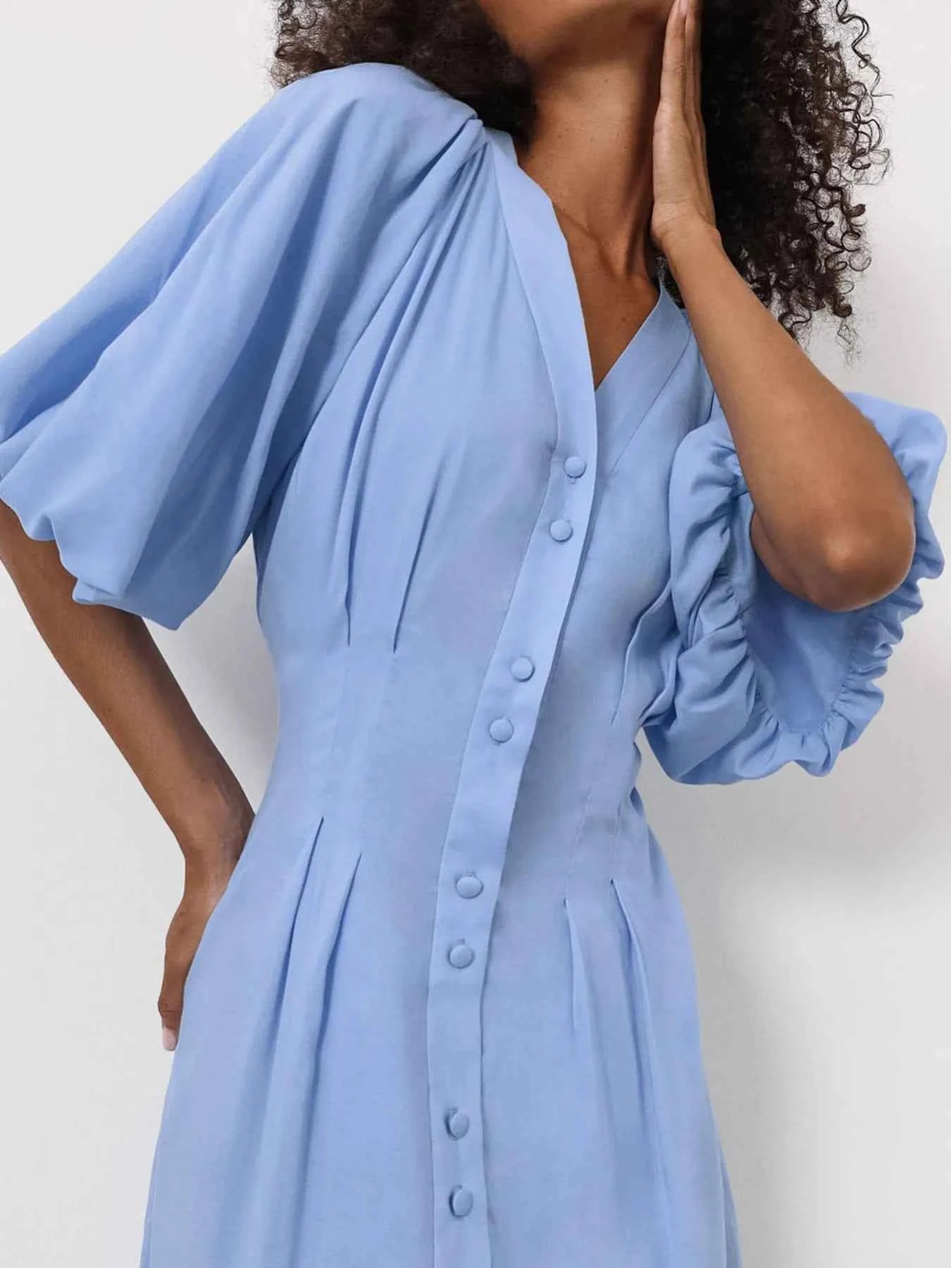 Puff Sleeve Button-Front Midi Dress