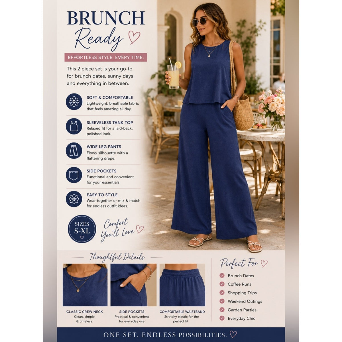 Navy Blue Sleeveless Wide Leg Pants 2 Piece Matching Set XL