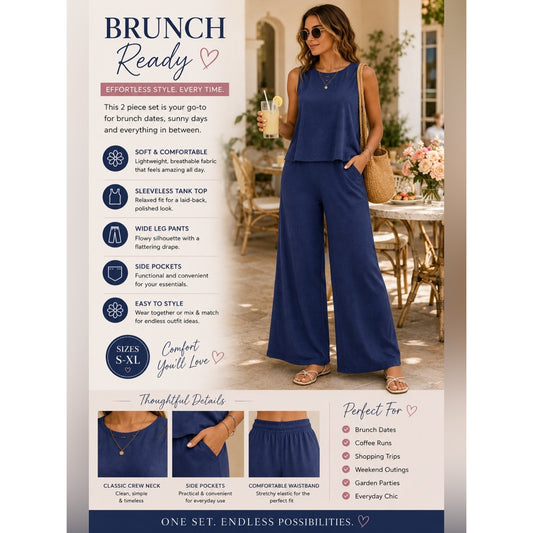 Navy Blue Sleeveless Wide Leg Pants 2 Piece Matching Set XL