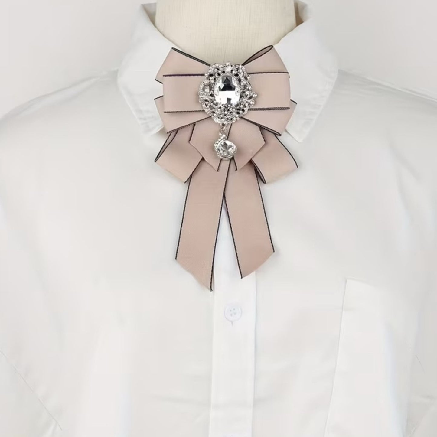 Apricot Rhinestone Bow Tie Brooch Elegant Ribbon Statement Collar Accessory