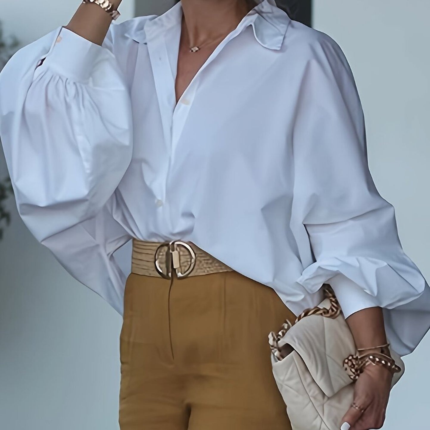 Plus Size White Oversized Button Down Shirt | Lantern Sleeve Elegant Blouse Top