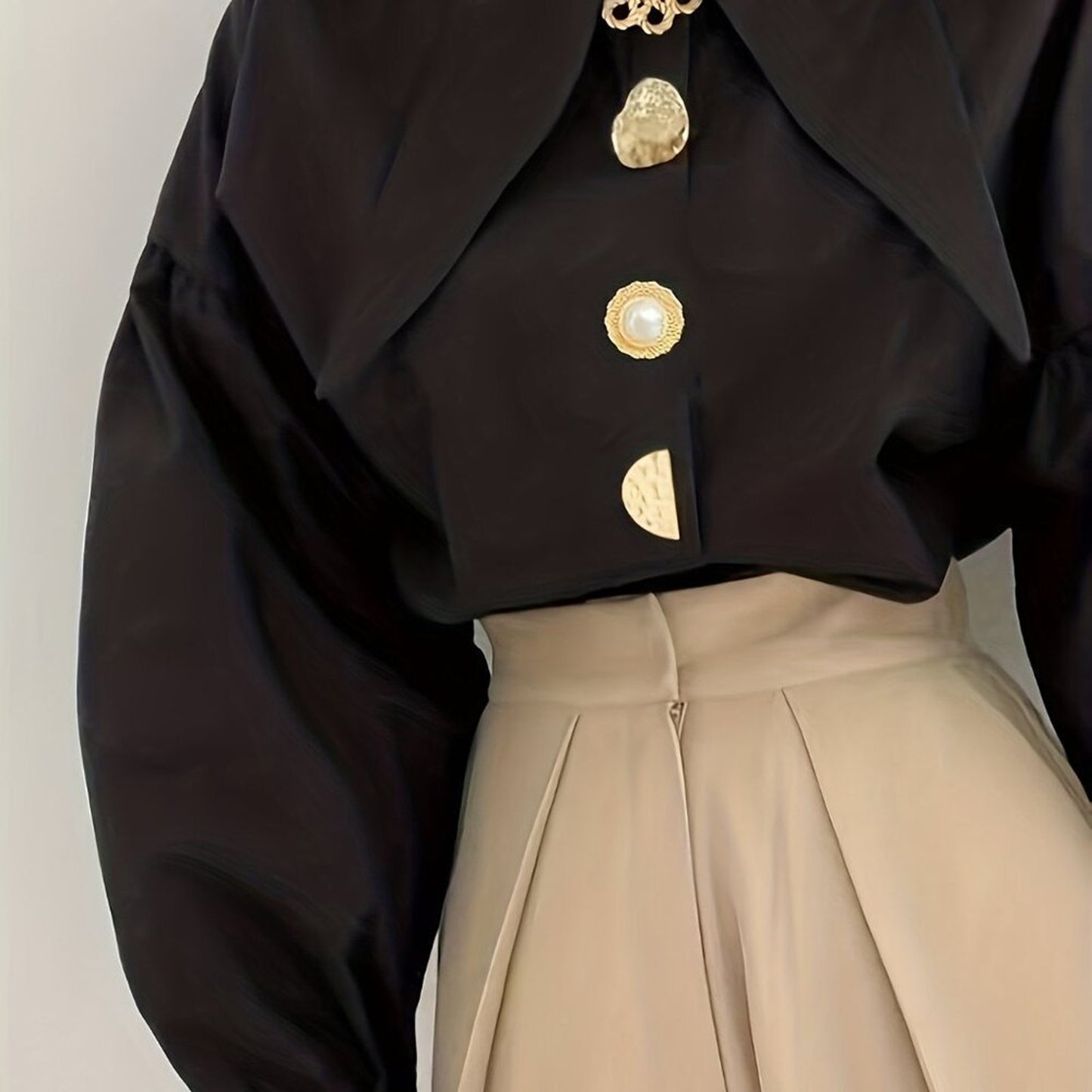 Black Vintage Statement Blouse with Gold Button Detail | Elegant Long Sleeve