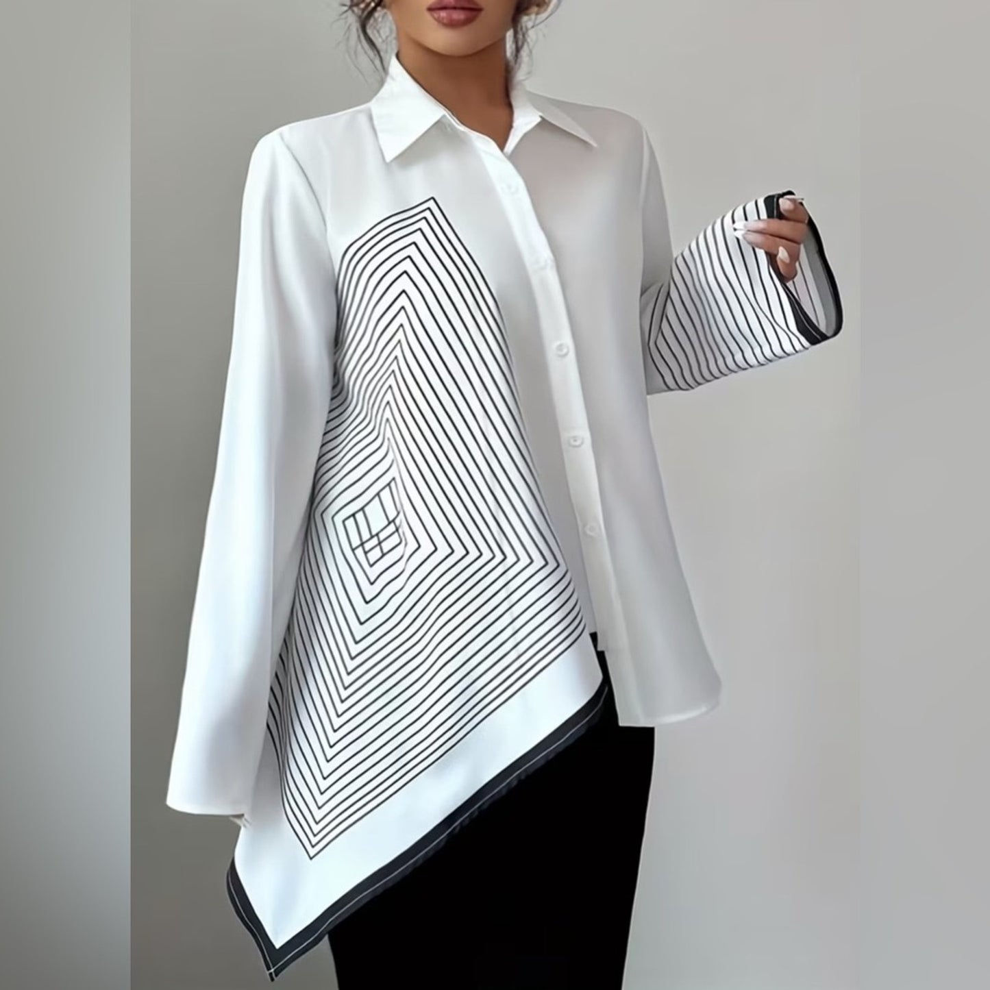 Plus Size White Geometric Asymmetrical Button Blouse | Elegant Statement Shirt T