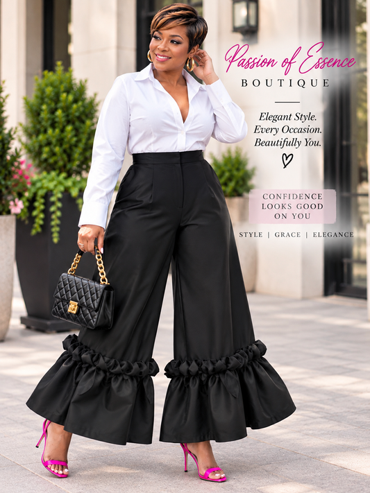 Plus Size Black High-Waist Wide-Leg Statement Ruffle Pants 1X–3X