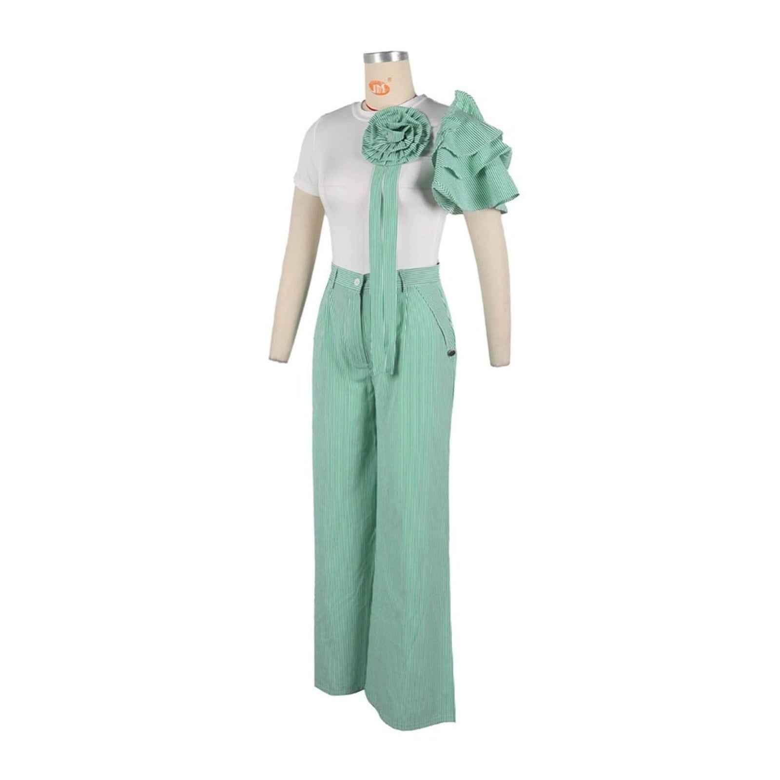 Green Chic Crew-Neck Short-Sleeved Striped Wide-Leg Pants Palazzo Set