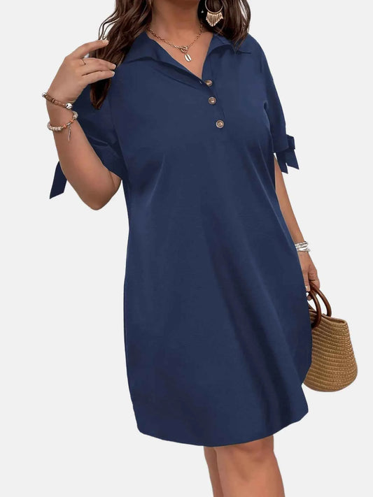 Button Detail Shift Dress with Tie Sleeves