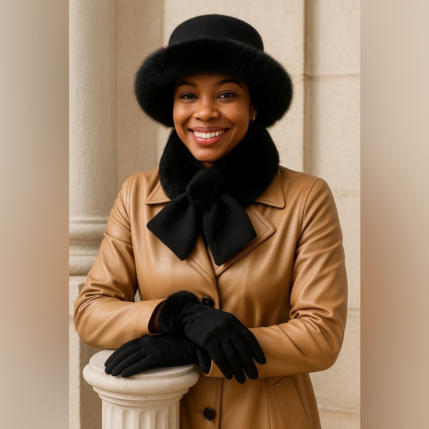 Woman wearing a tan coat, black hat, scarf, and gloves standing against a neutral background.