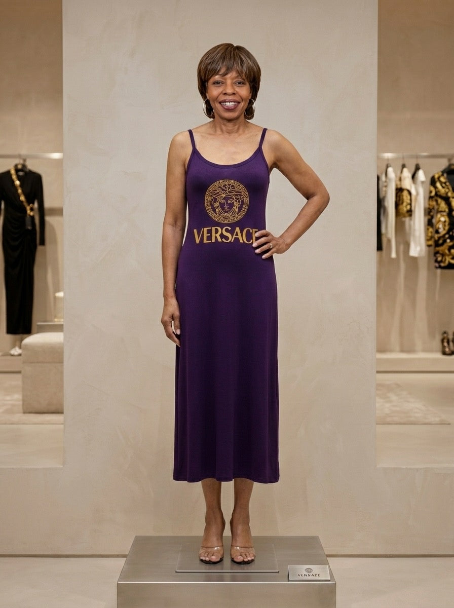 Purple Versace-Inspired Logo Midi Dress | Casual Luxe Street Style