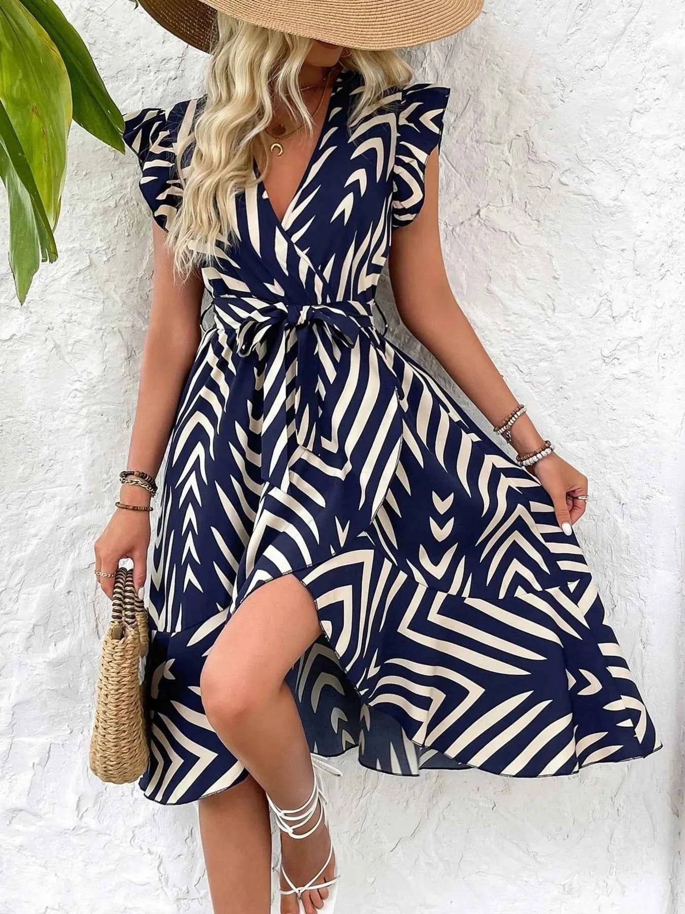 Geometric Print Surplice Flutter Sleeve Dress